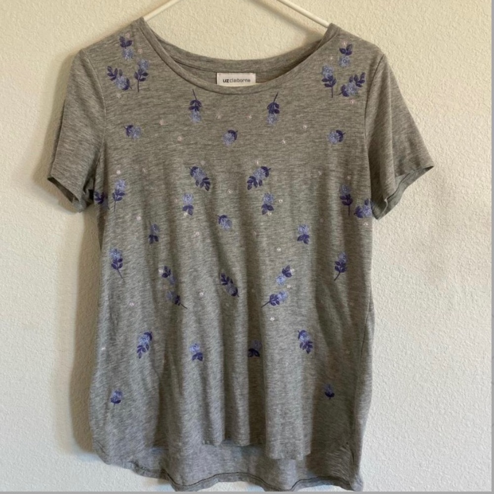 Gray blouse with purple flowers